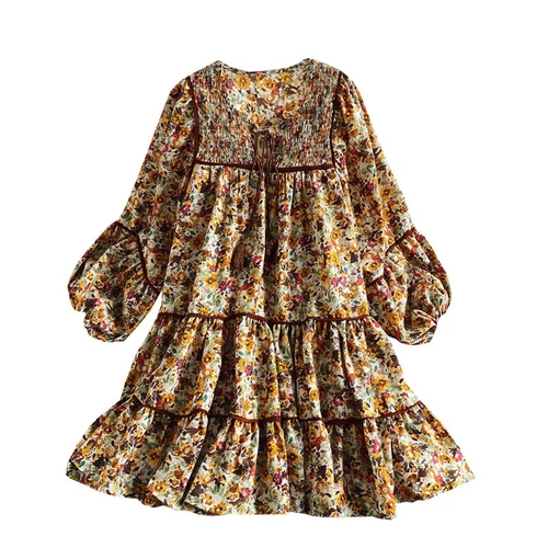 Lady Boho Floral Mini Dress Long Sleeve Loose Cottagecore Hippie Gypsy Swing - Picture 2 of 13