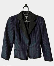 DKNY Donna Karan New York Striped Navy Black Trim Short Jacket Blazer Pockets 2