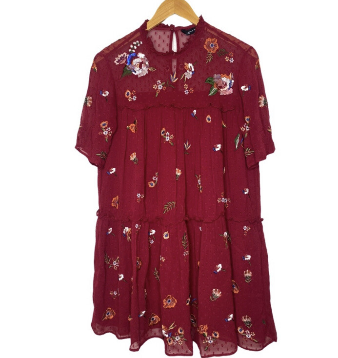 Zara Woman Burgundy Embroidered Shift Dress Size Medium EUC