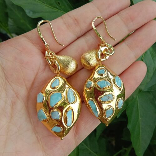 2.7" Natural Blue Larimar Dangle Hook Earrings Gemstone Earrings Women - Picture 1 of 6