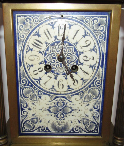 Antique Japy Freres French Bronze & Porcelain Delft Tablets Clock 8-Day - Picture 4 of 14