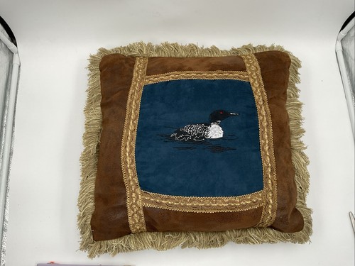 Carstens Loon Rustic Cabin Throw Pillow Featuring Loon W/ Fring Edges 18X18 - Picture 5 of 10