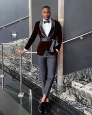 Men's Velvet Brown One Button Blazer Formal Prom Party Groom Tuxedo Wedding Suit