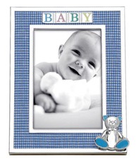 Reed  Barton Gingham Bear Silverplate 4" x 6" Blue Baby Photo Frame