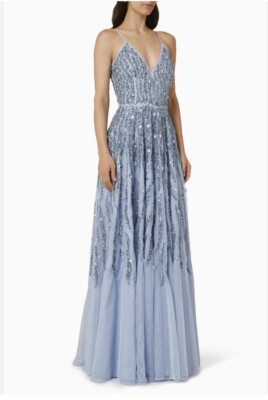 Mac Duggal Sz 4 Blue Embellished V Neck Sleeveless A Line Floor Length Gown