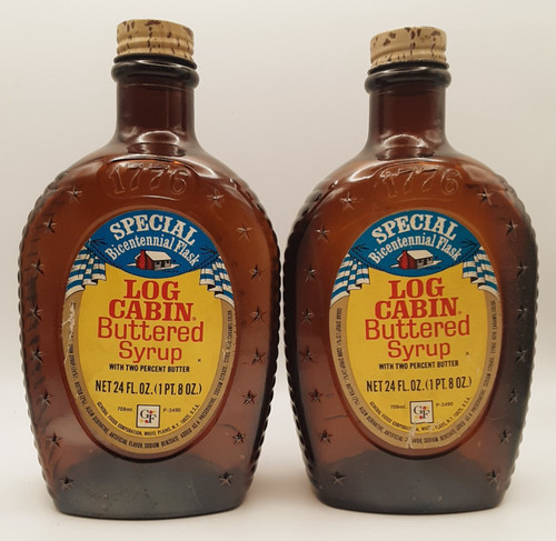 2 Vintage Log Cabin Maple Syrup Bicentennial Bottle Flask 1776/1976