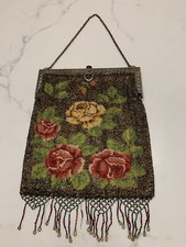 Antique Victorian Flower Floral Design Micro-beaded Purse, Metal Clasp  Chain