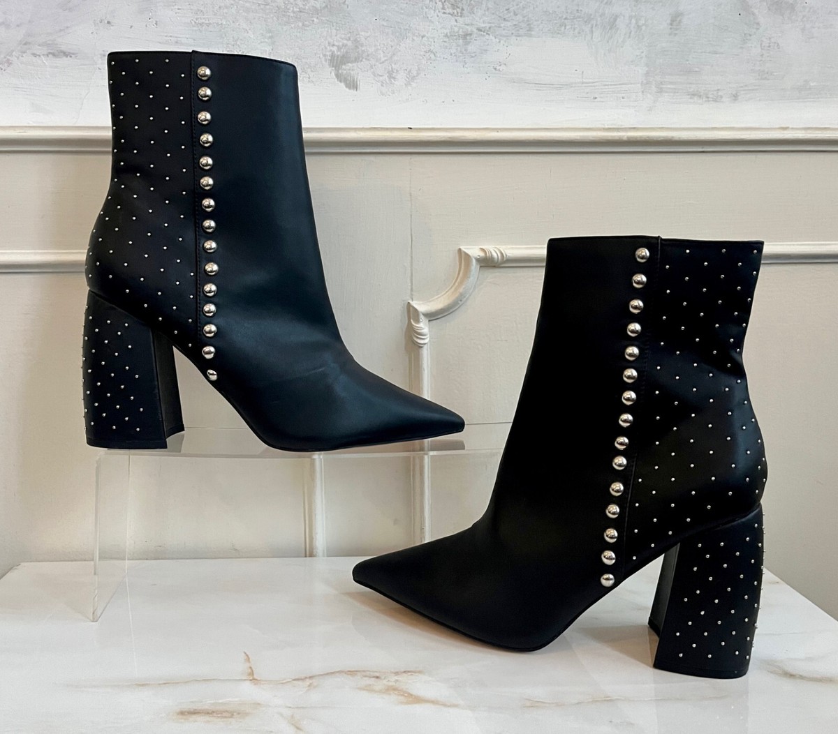KURT GEIGER Black Studded Block Heel Faux Leather Rock Ankle Boot Shoes UK 