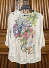 Inoah Womens Top Extra Small XS Beige Fearless Bicycle Art to Wear Soft