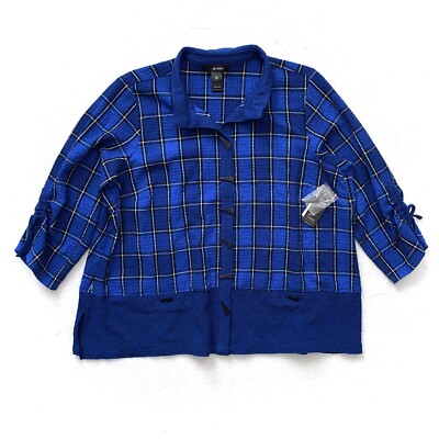 Ali Miles Cobalt Blue Plaid Wire Collar 3/4 Cinched Tie Sleeve Woven Tunic 1X