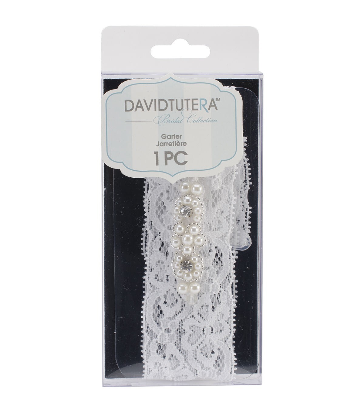 DAVID TUTERA WHITE STRETCH LACE GARTER RHINESTONES PEARLS CRYSTALS ELEGANT - NEW