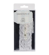 DAVID TUTERA WHITE STRETCH LACE GARTER RHINESTONES PEARLS CRYSTALS ELEGANT - NEW
