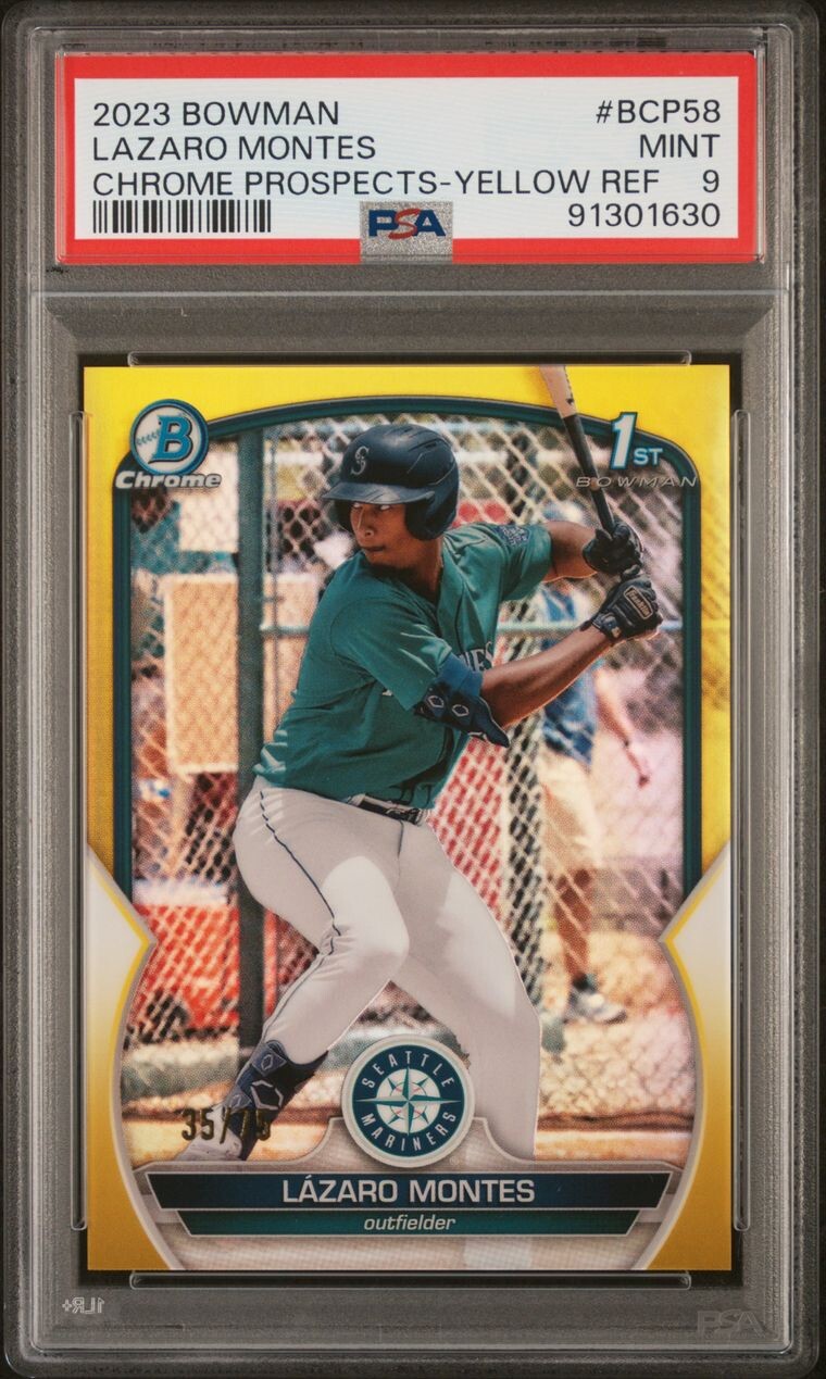 2023 Bowman Chrome 1st #BCP58 Lazaro Montes Yellow Refractor PSA 9 /75 Mariners