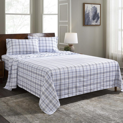 Cozy Blue Plaid Flannel Cotton Sheet Set - King Size, Rustic Farmhouse Style