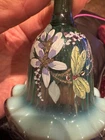 Vintage Fenton Opalescent Green Floral Hand Painted Ruffled Bell Signed