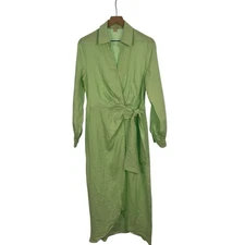Magaschoni Womens 10 Mint Green 100% Linen Wrap Maxi Shirt Dress Coastal