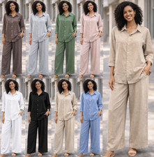 Ladies 2 Piece Lounge Set Linen CO ORD Womens Loungewear Top UK NEW