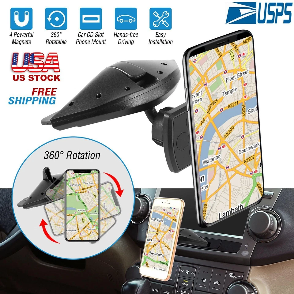 Car Phone Holder CD Slot Mount Stand 360° Rotatable Magnetic Smartphone GPS - Image 2 of 4