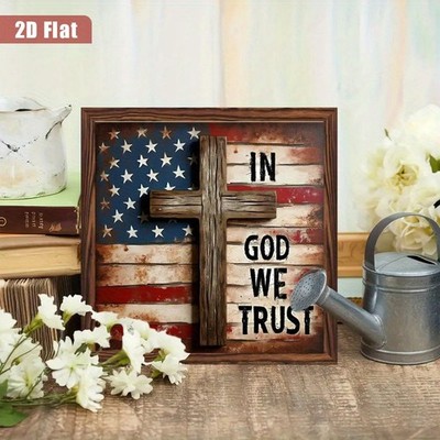 In God We Trust Patriotic Wooden Plaque 4th of July Cross American Flag Decor