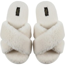 Rachel Rachel Roy Womens Faux Fur Cross Strap Slide Slippers Cream Size L 9-10