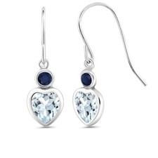 925 Sterling Silver Aquamarine and Sapphire French Wire Dangle Hook Earrings