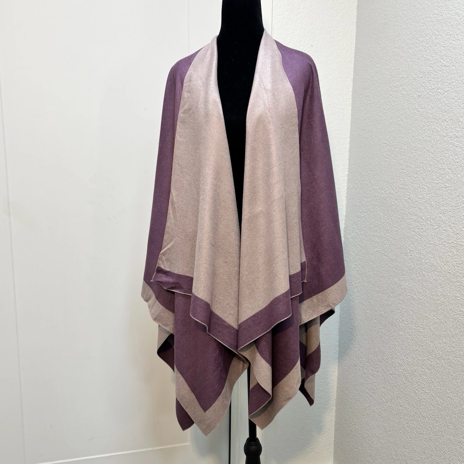 Top It Off Reversible Ruana Wrap Poncho Shawl Purple Taupe OS Viscose