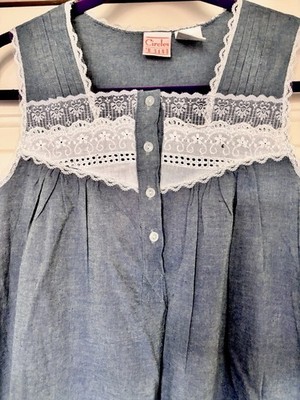 Vitg Blue 100% Cotton Granny Dress Nightgown M Eyelet Cottage Modest Prairie