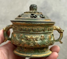 3.4" Old Chinese Bronze Carving Dynasty Palace Dragon Ear incense burner
