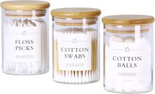 3 Pack Qtip Holder Dispenser Glass Apothecary Jars W/ Lids Cotton Ball Pad Swab