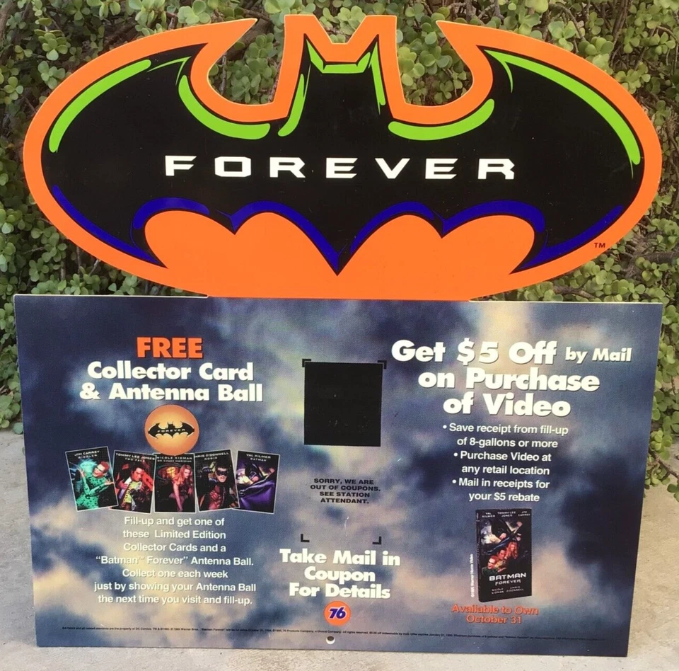 Union 76 Batman Forever Película Plástico Bomba de Gas Topper Inserto Letrero 1995 Raro 927A Foto 2 de 4