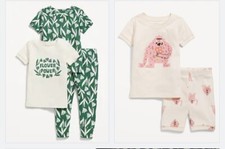 Old Navy Girls Snug Fit Pajama Set Top Pants Shorts Green Floral Pink Monster 4T