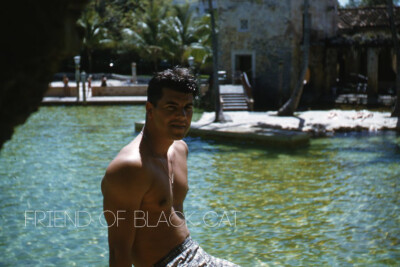 #ad 1950s Kodachrome Red Border Slide Handsome Man Cave in Water at Resort Grotto $17.24