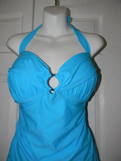 ST TROPEZ Aqua AZUL Fruncido Frontal Halter Taza con Anillo Central 1 Pieza TRAJE DE BAÑO 14 NUEVO Foto 2 de 4