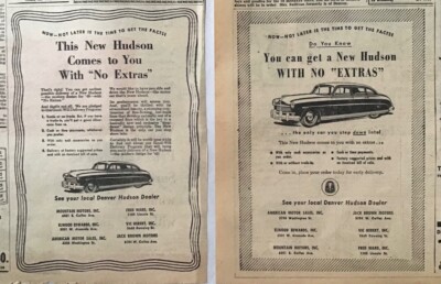 Two 1948 newspaper ads for Hudson - 1949 models with ''no extras'', Get the Facts 