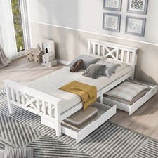 Wooden Bed Frame Solid Pine Wood Single Bed 90x190 cm w/ 2 Storage Drawers White