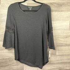 Ab Studio Womens Blouse Black Asymmetric Stretch Crochet Bell Sleeve Top S New