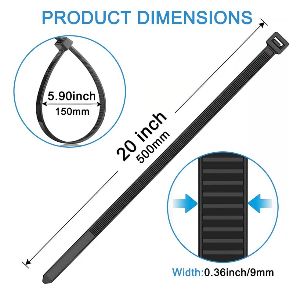 175 LB Extra Large Cable Ties 0.36×20 Inch Black Nylon Zip Ties High
