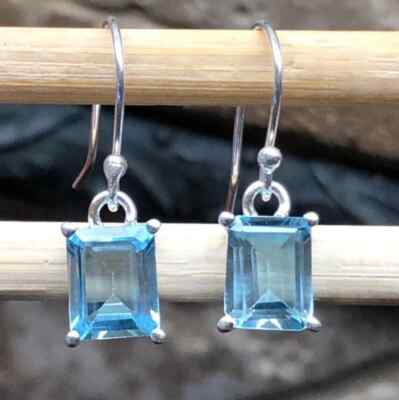 3Ct Emerald Cut Simulated Blue Topaz Drop/Dangle Earrings 14K White Gold Plated