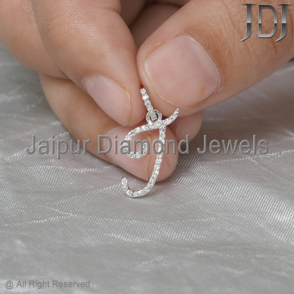 Colgante de oro blanco macizo de 14k diamante natural J inicial letra alfabeto colgante Foto 3 de 4