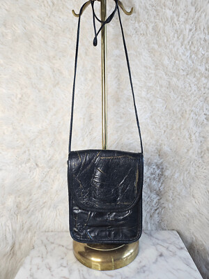 Vintage Carlos Falchi Women's Black and Gold Leather Slim Strap Crossbody Bag