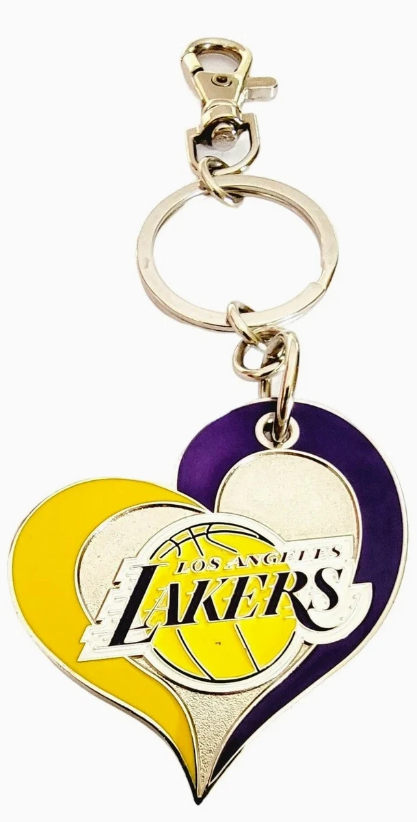 Vintage LA Lakers Keychain Silvertone Metal Enamel Heart Souvenir Logo Keyring