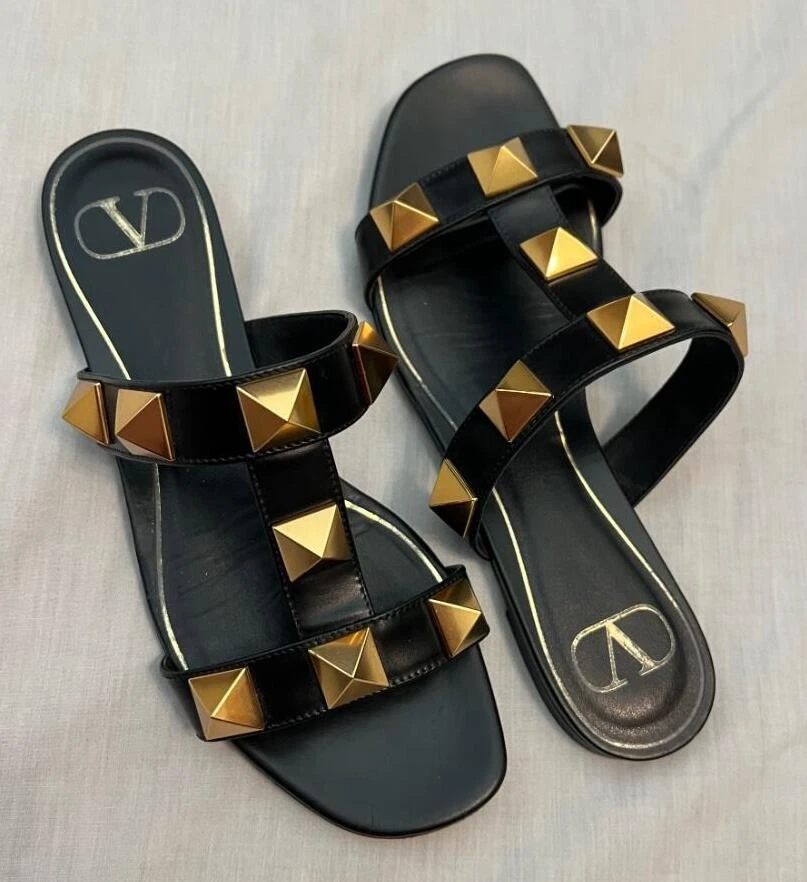 Valentino — VALENTINO GARAVANI sz 37 7 black gold rock stud Roman slides flats sandals