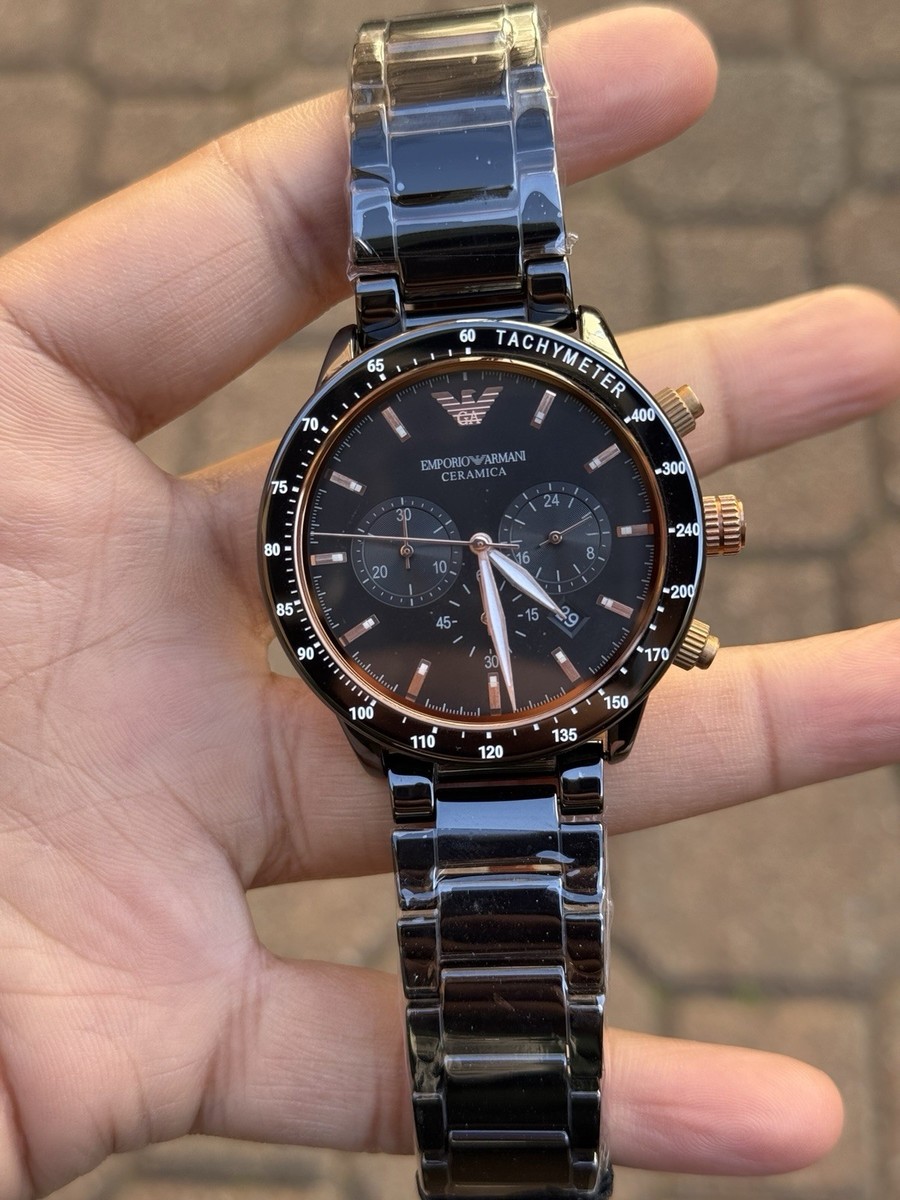 Emporio Armani Black Ceramic Watch with Rose Gold Accents Mens 
