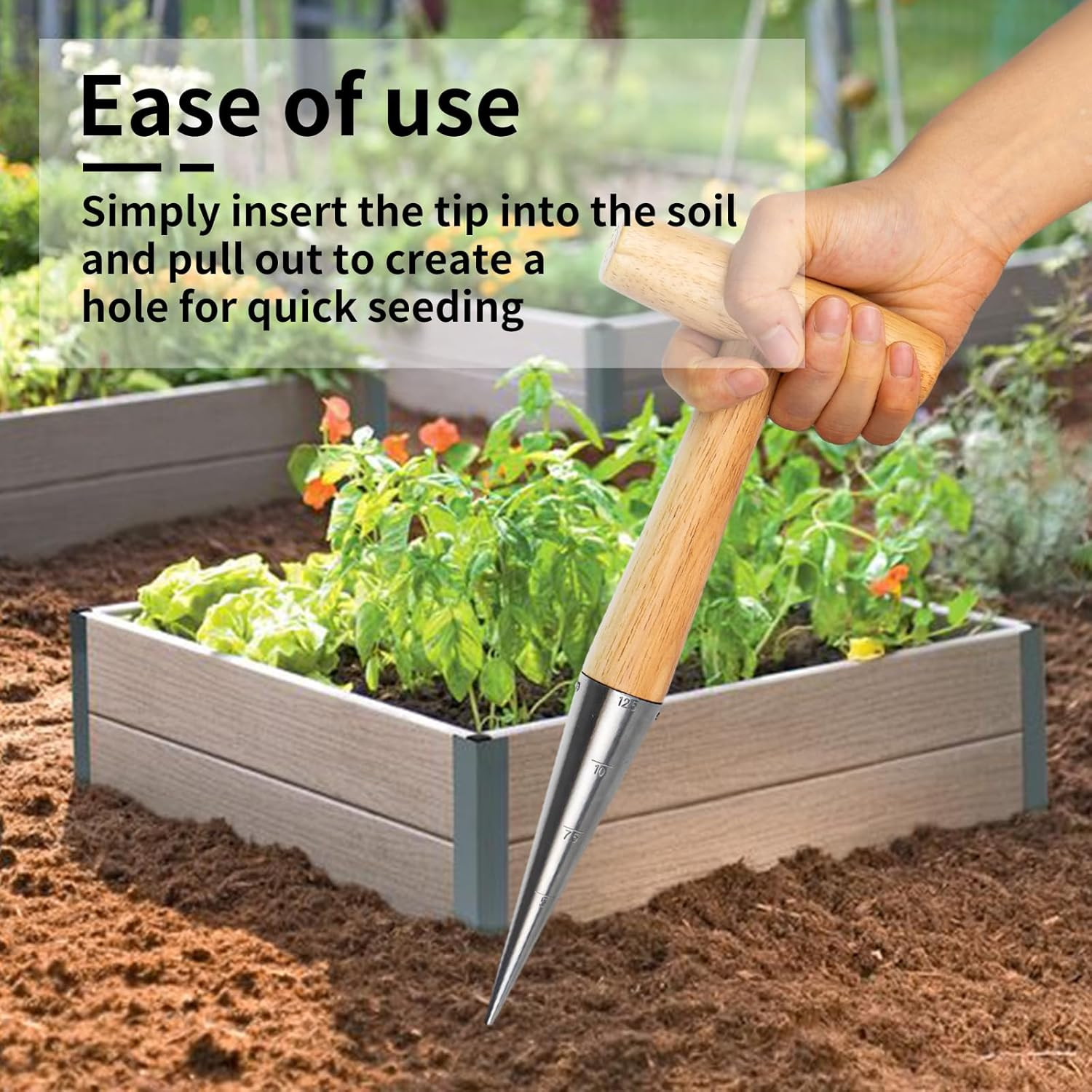 Hand Dibber Garden Tool, Seed Planter Tool with Wood Handle for Sowing Seed - 5"