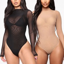 Womens Sheer Mesh Long Sleeve Leotard Top Blouse Bodysuit Lingerie Jumpsuit New
