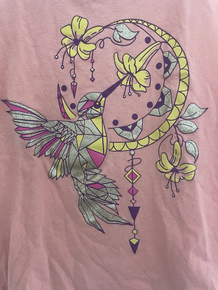 TCP Kid Girl Gold Glitter Hummingbird 100% Cotton Short Sleeve Shirt Peach S 5/6 - Image 3 of 4