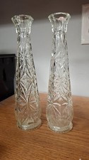 (2) Vintage Mid Century Presscut Glass Bud Vases 9"