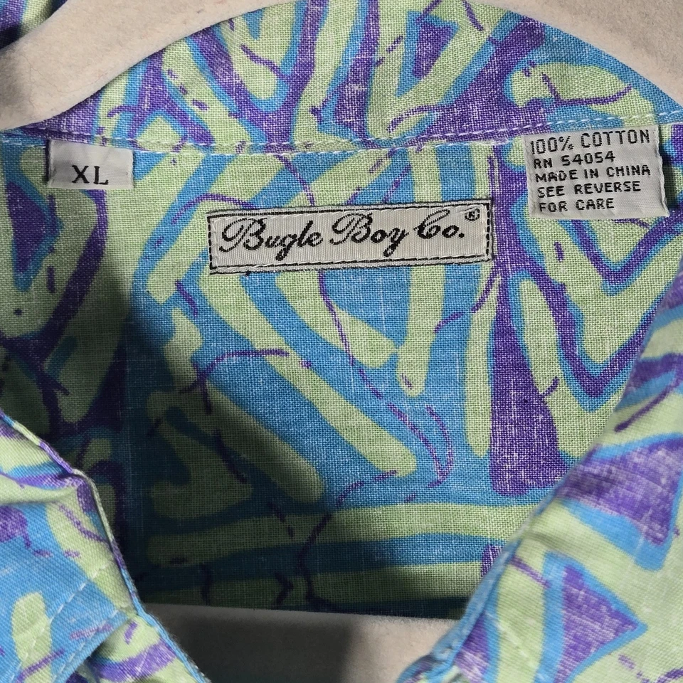 VINTAGE Bugle Boy Shirt Mens XL Blue Purple Abstract Geometric Button Front 90s - Image 3 of 4