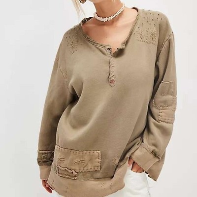Magnolia Pearl Olive Green Henley Sweatshirt Distressed Patched Bohemian NWT OS