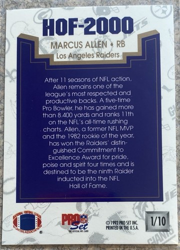 1992 Pro Set “HOF-2000” Marcus Allen #1 of 10 - Picture 2 of 2